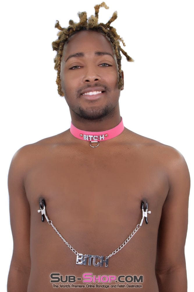7173A      BITCH Hot Pink Leather Rhinestone Letter Collar Collar   , Sub-Shop.com Bondage and Fetish Superstore