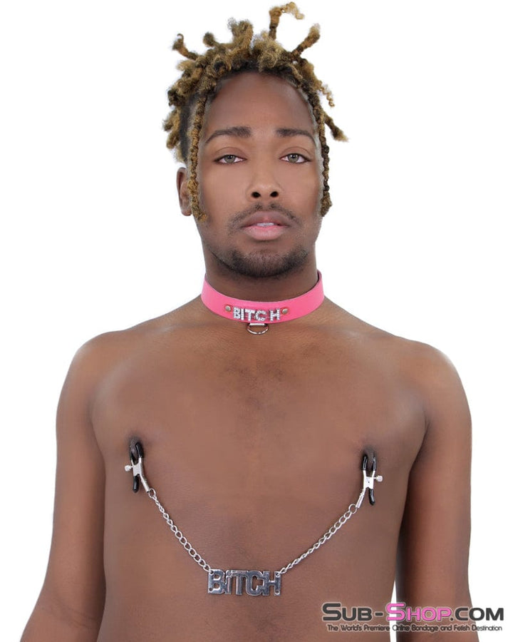 7173A      BITCH Hot Pink Leather Rhinestone Letter Collar Collar   , Sub-Shop.com Bondage and Fetish Superstore