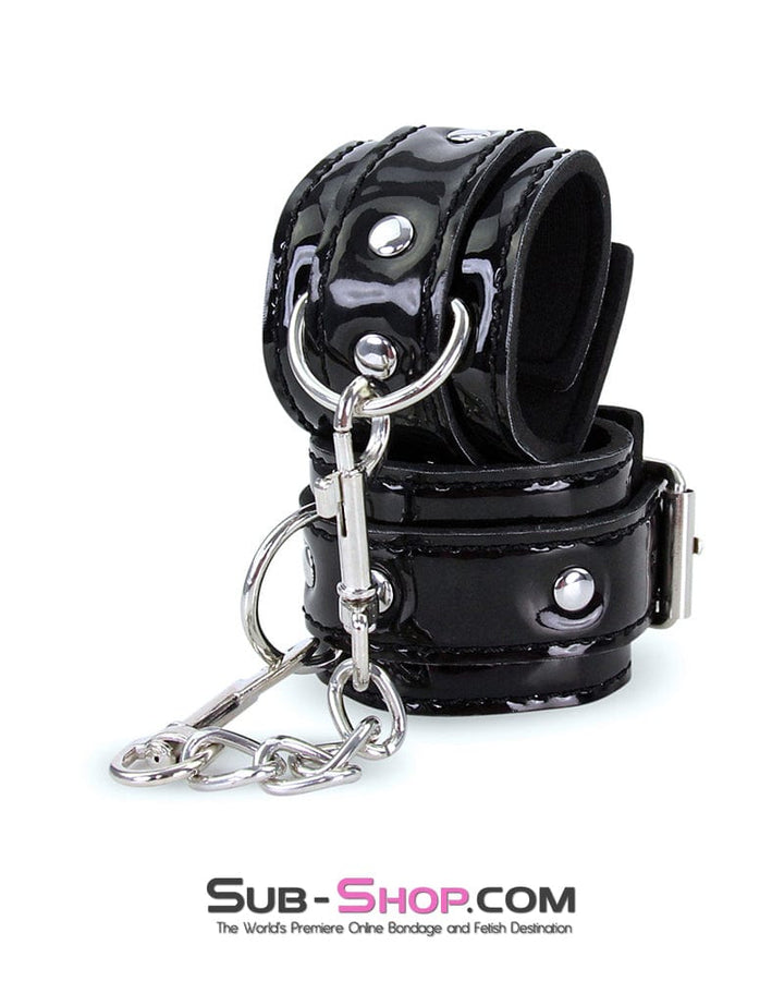 7872RS      Shiny Patent Vegan Leather Black Wrist Bondage Cuffs with Chains Cuffs   , Sub-Shop.com Bondage and Fetish Superstore