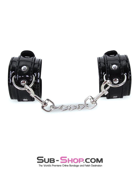 7872RS      Shiny Patent Vegan Leather Black Wrist Bondage Cuffs with Chains Cuffs   , Sub-Shop.com Bondage and Fetish Superstore