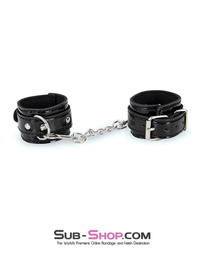 7872RS      Shiny Patent Vegan Leather Black Wrist Bondage Cuffs with Chains Cuffs   , Sub-Shop.com Bondage and Fetish Superstore