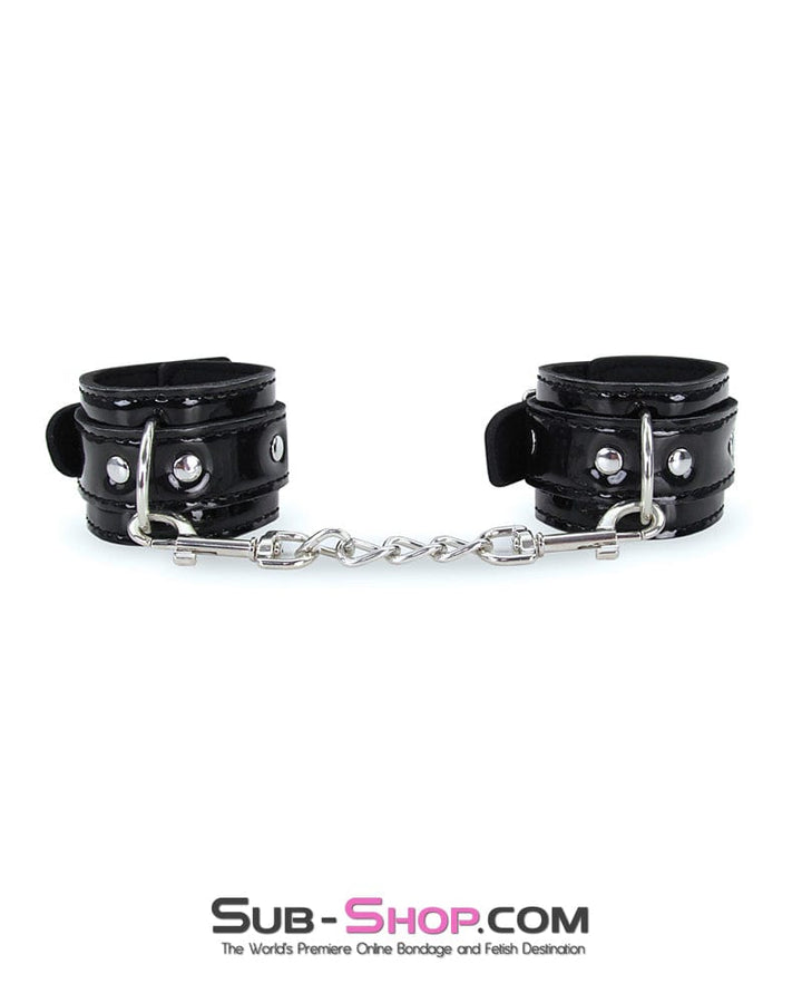 7872RS      Shiny Patent Vegan Leather Black Wrist Bondage Cuffs with Chains Cuffs   , Sub-Shop.com Bondage and Fetish Superstore