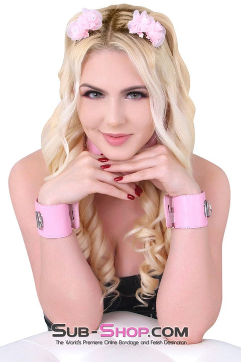 7899M      Locking Princess Pink Vegan Leather Handcuffs & Chain Set Cuffs   , Sub-Shop.com Bondage and Fetish Superstore