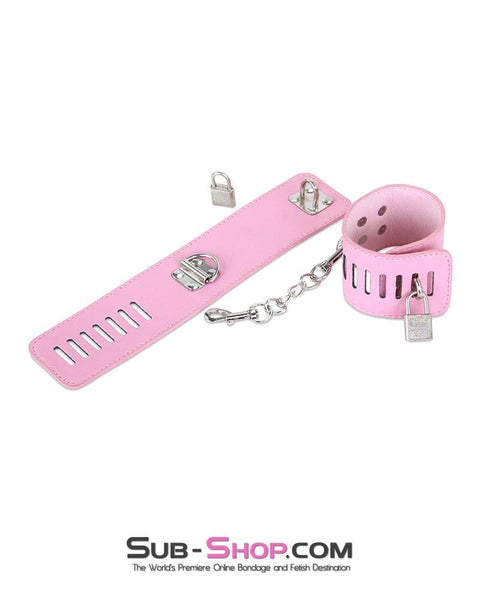 7899M      Locking Princess Pink Vegan Leather Handcuffs & Chain Set Cuffs   , Sub-Shop.com Bondage and Fetish Superstore