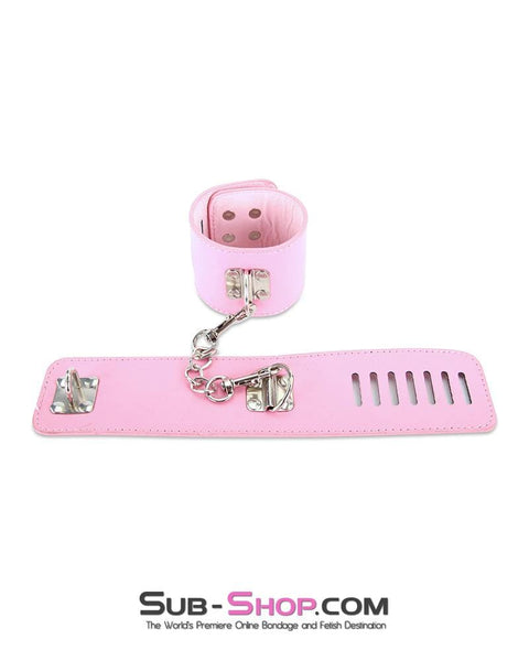 7899M-SIS      Locking Sissy Princess Pink Vegan Leather Handcuffs & Chain Set Sissy   , Sub-Shop.com Bondage and Fetish Superstore