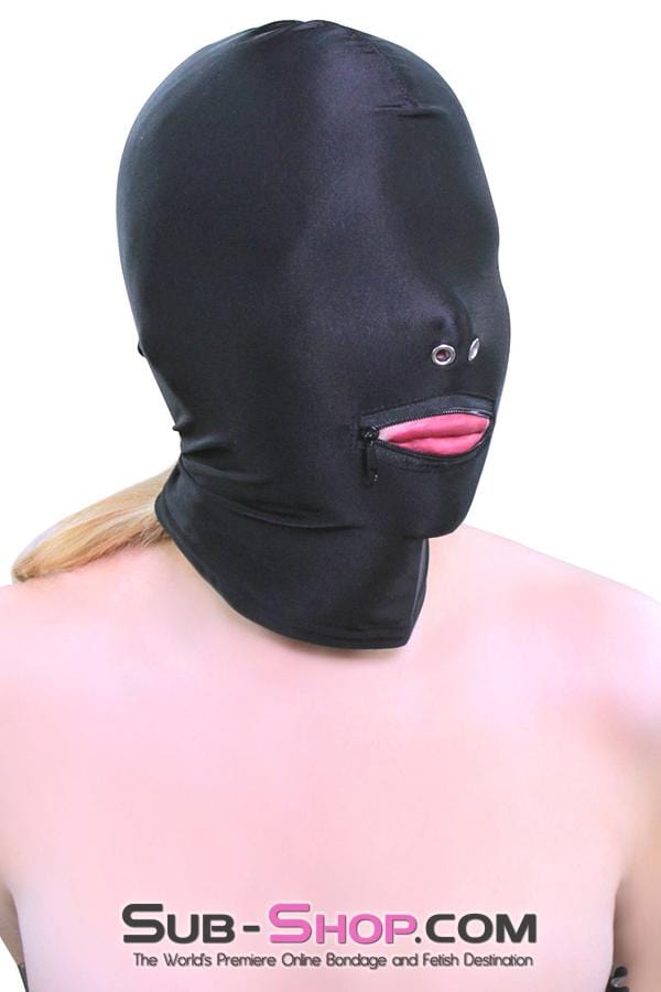 0810M      Zipper Mouth Soft Spandex Hood with Grometted Nose Holes - MEGA Deal Black Friday Blowout   , Sub-Shop.com Bondage and Fetish Superstore