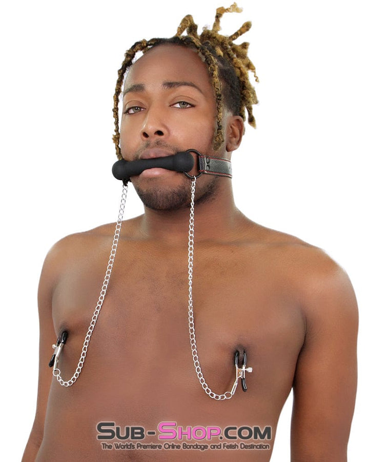 8797RS      Black Rubber Bit Gag with Adjustable Pinch Nipple Clamps - LAST CHANCE - Final Closeout! MEGA Deal   , Sub-Shop.com Bondage and Fetish Superstore