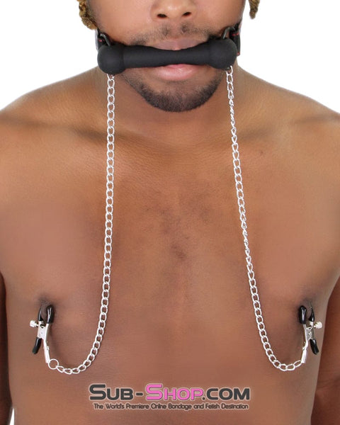 8797RS      Black Rubber Bit Gag with Adjustable Pinch Nipple Clamps - LAST CHANCE - Final Closeout! MEGA Deal   , Sub-Shop.com Bondage and Fetish Superstore