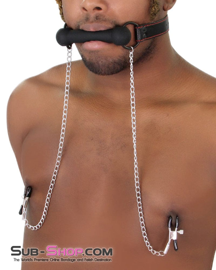 8797RS      Black Rubber Bit Gag with Adjustable Pinch Nipple Clamps - LAST CHANCE - Final Closeout! MEGA Deal   , Sub-Shop.com Bondage and Fetish Superstore