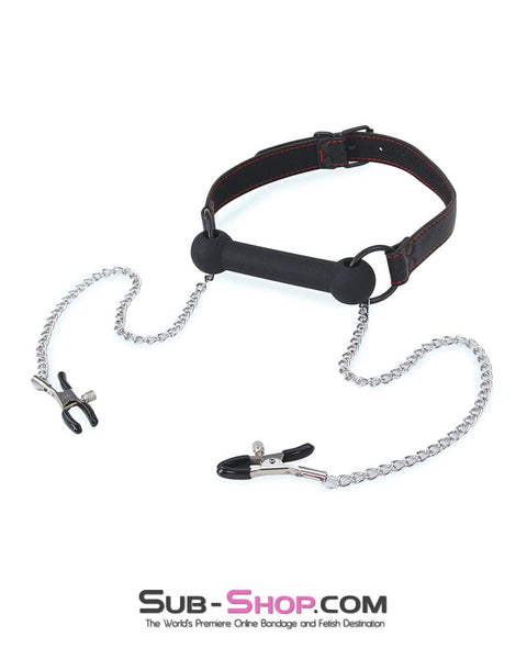 8797RS      Black Rubber Bit Gag with Adjustable Pinch Nipple Clamps - LAST CHANCE - Final Closeout! MEGA Deal   , Sub-Shop.com Bondage and Fetish Superstore