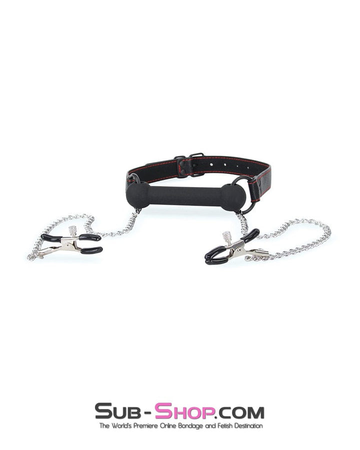 8797RS      Black Rubber Bit Gag with Adjustable Pinch Nipple Clamps - LAST CHANCE - Final Closeout! MEGA Deal   , Sub-Shop.com Bondage and Fetish Superstore