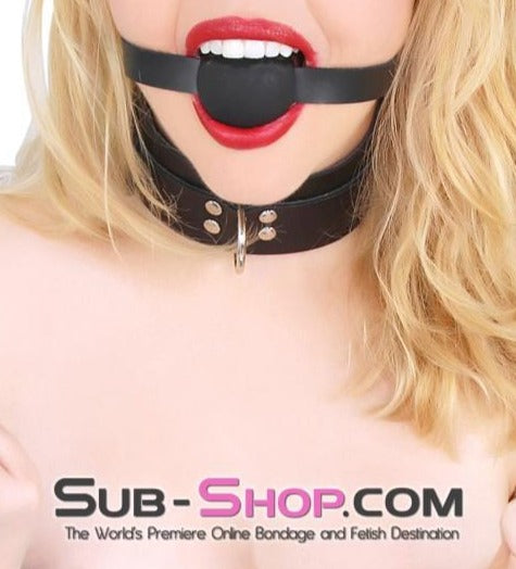 0880A      Silicone Ball Gag, Black Ball, Black Leather Strap Gags   , Sub-Shop.com Bondage and Fetish Superstore