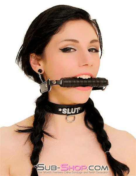 6844A      SLUT Rhinestone Collar, Black Leather Collar   , Sub-Shop.com Bondage and Fetish Superstore