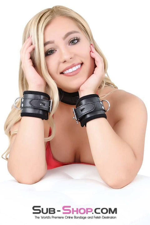 8972DL      Cozy Up Locking Lined Bondage Wrist Cuffs with Connection Chain - MEGA Deal Black Friday Blowout   , Sub-Shop.com Bondage and Fetish Superstore