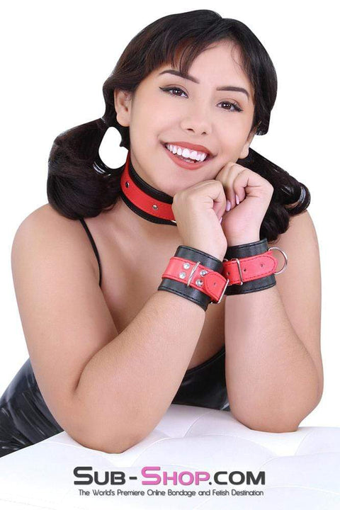9024MQ      Red Stripes Black Wrist Cuffs with Red Strap - LAST CHANCE - Final Closeout! MEGA Deal   , Sub-Shop.com Bondage and Fetish Superstore