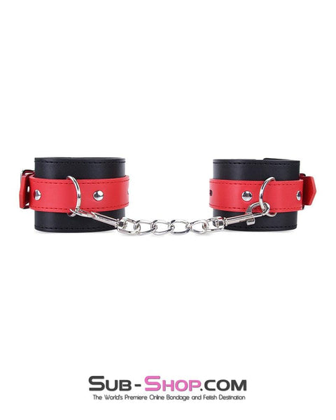 9028MQ      Locking Black Wrist Bondage Cuffs with Red Strap & Connection Chain - LAST CHANCE - Final Closeout! MEGA Deal   , Sub-Shop.com Bondage and Fetish Superstore