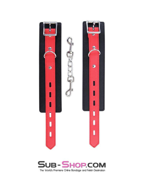 9029MQ      Locking Black Ankle Bondage Cuffs with Red Strap & Connection Chain - LAST CHANCE - Final Closeout! MEGA Deal   , Sub-Shop.com Bondage and Fetish Superstore
