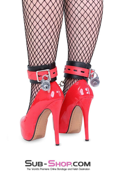 9029MQ      Locking Black Ankle Bondage Cuffs with Red Strap & Connection Chain - LAST CHANCE - Final Closeout! MEGA Deal   , Sub-Shop.com Bondage and Fetish Superstore