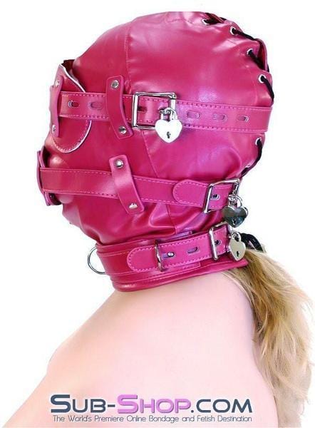 9040DL      Total Lockdown Locking Sex Bomb Pink Full Hood with Removable Blindfold and Penis Gag Hoods   , Sub-Shop.com Bondage and Fetish Superstore