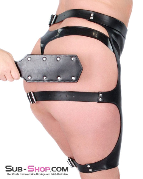 9086DL      Leather Look Backless Buckling Bondage Spanking Skirt - LAST CHANCE - Final Closeout! Black Friday Blowout   , Sub-Shop.com Bondage and Fetish Superstore