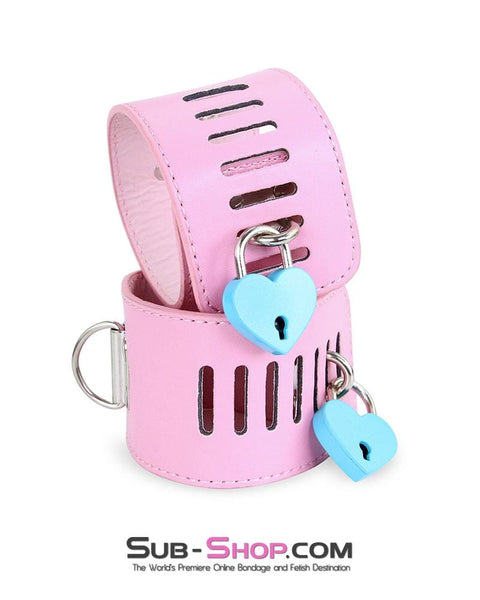 7899M-SIS      Locking Sissy Princess Pink Vegan Leather Handcuffs & Chain Set Sissy   , Sub-Shop.com Bondage and Fetish Superstore