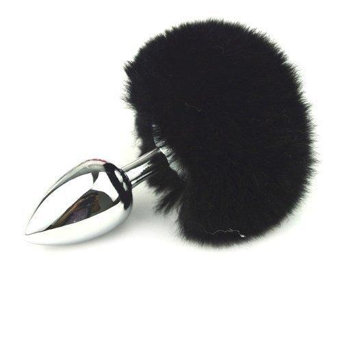 9831M      Bunny Hop Black Powder Puff Tail with Medium Chrome Butt Plug Anal Toys   , Sub-Shop.com Bondage and Fetish Superstore