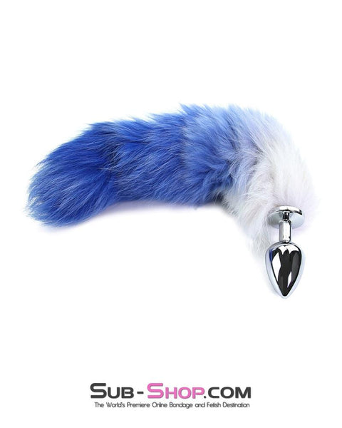 9858M      Blue & White Fox Tail Medium Chromed Butt Plug - LAST CHANCE - Final Closeout! MEGA Deal   , Sub-Shop.com Bondage and Fetish Superstore