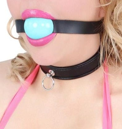 Ballgag 0596A      Classic Black Leather Ball Gag Strap, Diamond Blue Ball