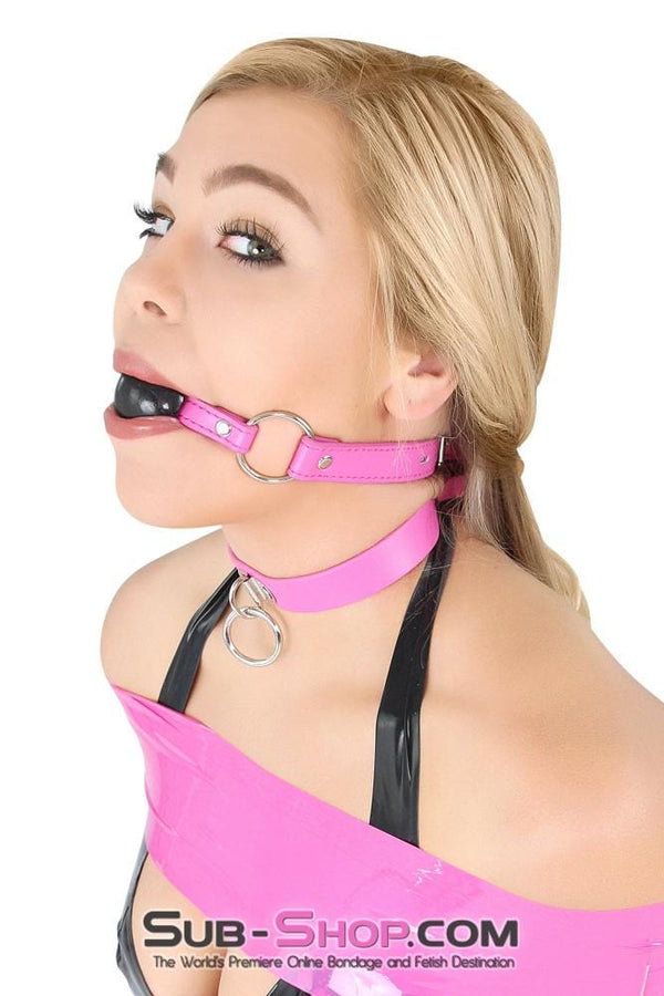 Ballgag 1342RS      Locking Hot Pink Strap Small Black Rubber Ball Gag