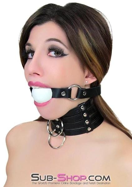 Ballgag 1552A      Rings of Submission Ballgag, Black Leather with White Ball