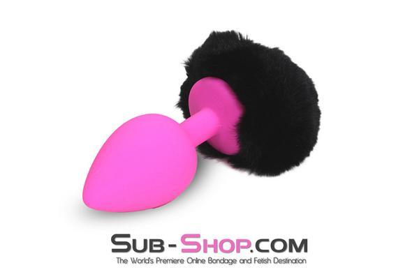 Black Friday Blowout 6870M      Jet Black Powder Puff Butt Plug Tail, Large Pink Silicone Plug - LAST CHANCE - Final Closeout!