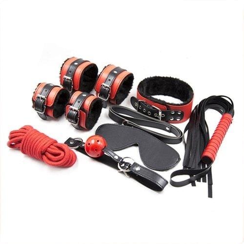 Bondage Set 2334M      Black and Red Bondage Cuffs, Collar, Leash, Gag, Rope, Whip and Blindfold Kit - 10 Pcs