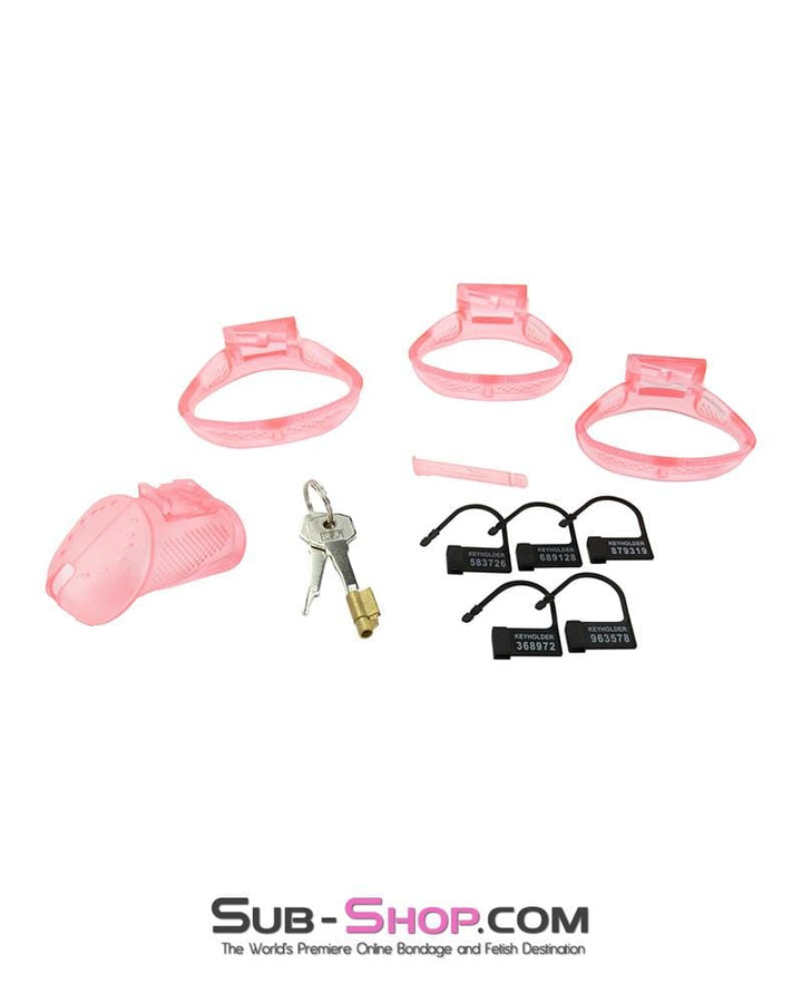 Chastity 2461RS      Mistress’s Little Sissy Slave Short Pink High Security Pin Tumbler Ventilated Male Chastity Device with Numbered Plastic Locks