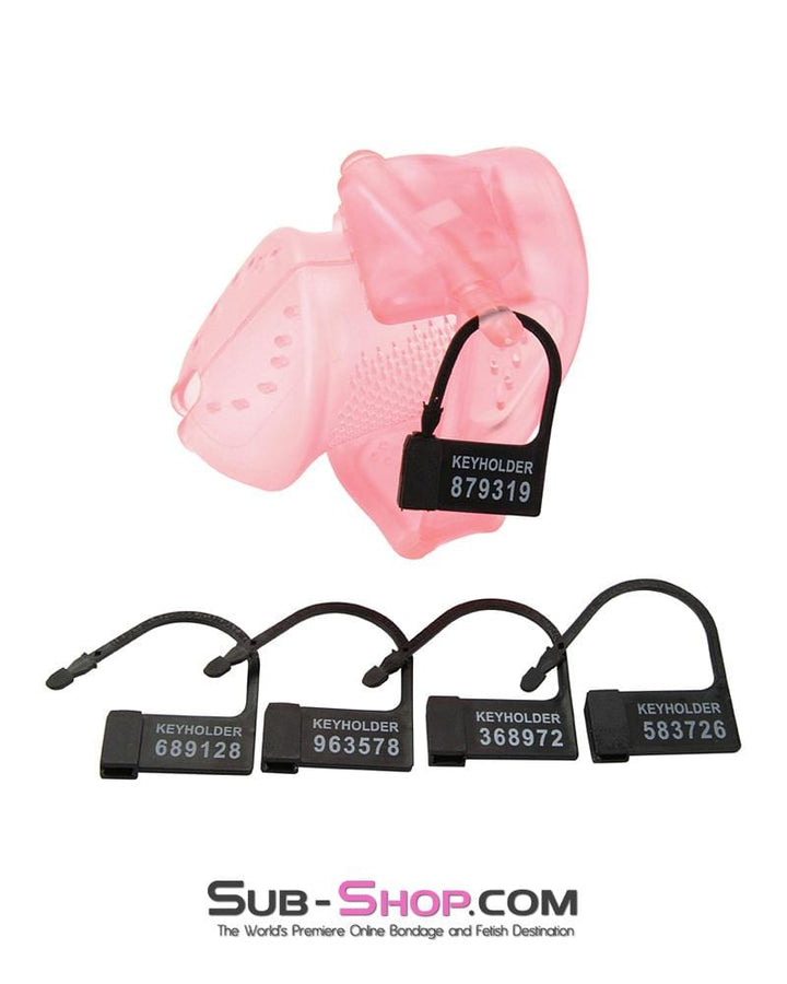 Chastity 2461RS      Mistress’s Little Sissy Slave Short Pink High Security Pin Tumbler Ventilated Male Chastity Device with Numbered Plastic Locks