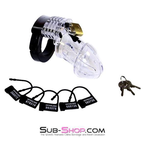 Chastity 5779AE      Jacked Up Adjustable Clear Polycarbonate Locking Male Cock Cuff Chastity Device