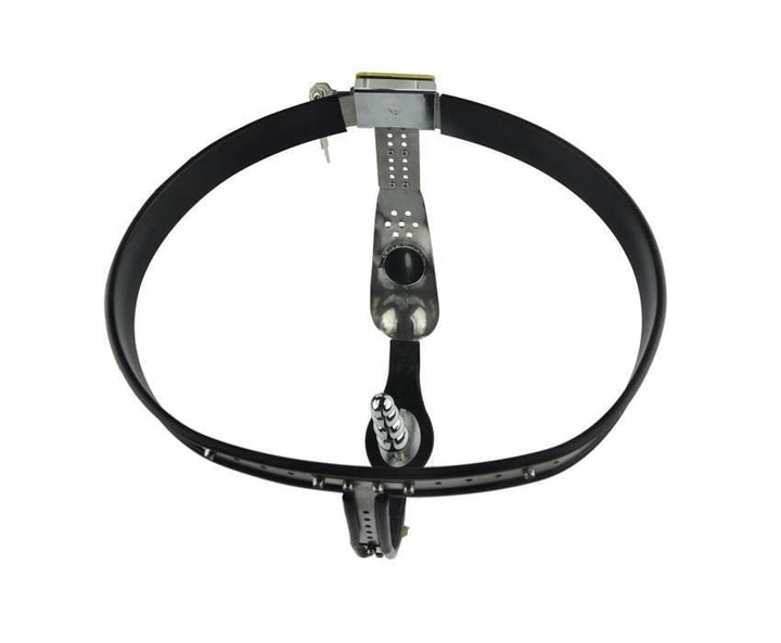 Chastity 6941AR      Nutshell Locking Steel Chastity Belt with Shaped Steel Cock and Ball Prison and Steel Ripple Anal Plug