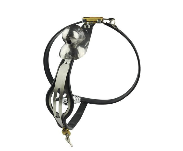 Chastity 6941AR      Nutshell Locking Steel Chastity Belt with Shaped Steel Cock and Ball Prison and Steel Ripple Anal Plug