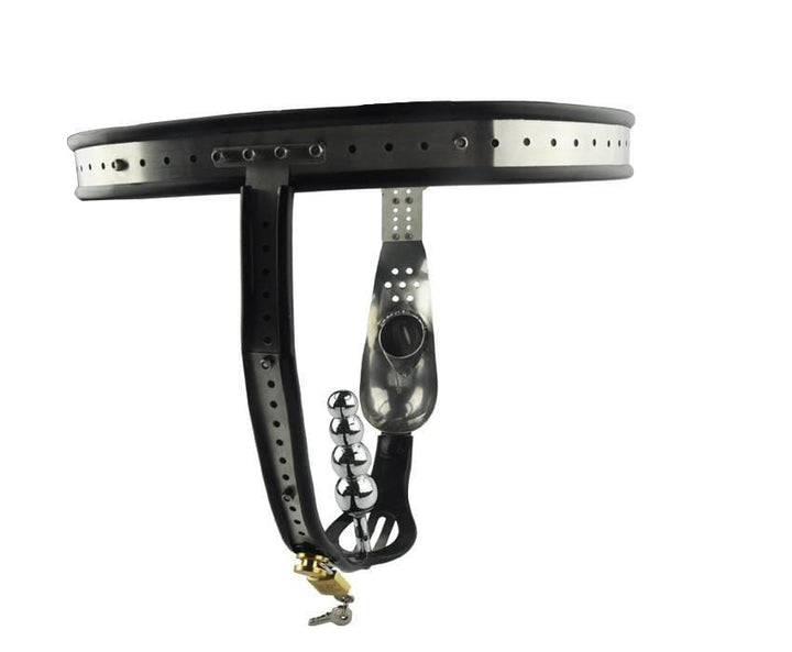 Chastity 6941AR      Nutshell Locking Steel Chastity Belt with Shaped Steel Cock and Ball Prison and Steel Ripple Anal Plug