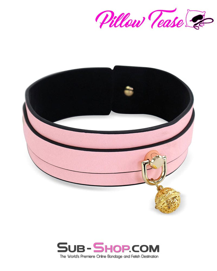 Collar 1588DL      Belled Princess Pink Bondage Collar with Gold Hardware and Leash