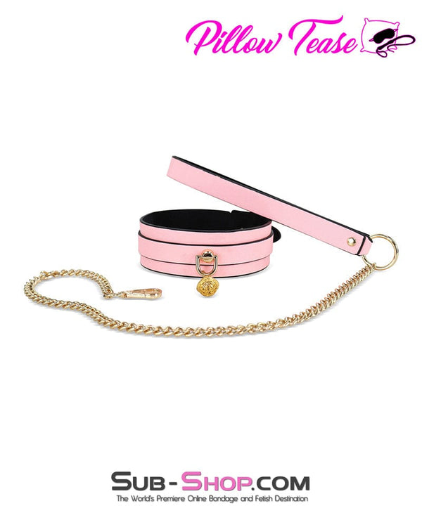 Collar 1588DL      Belled Princess Pink Bondage Collar with Gold Hardware and Leash