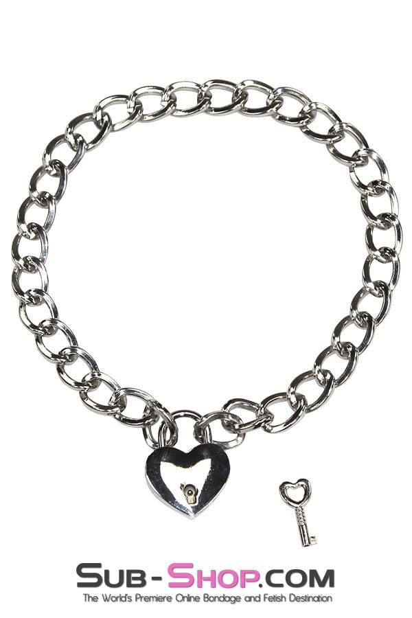 Collar 1855RS      Slave Pet 16” Locking Chrome Jeweled Chain Collar with Heart Padlock