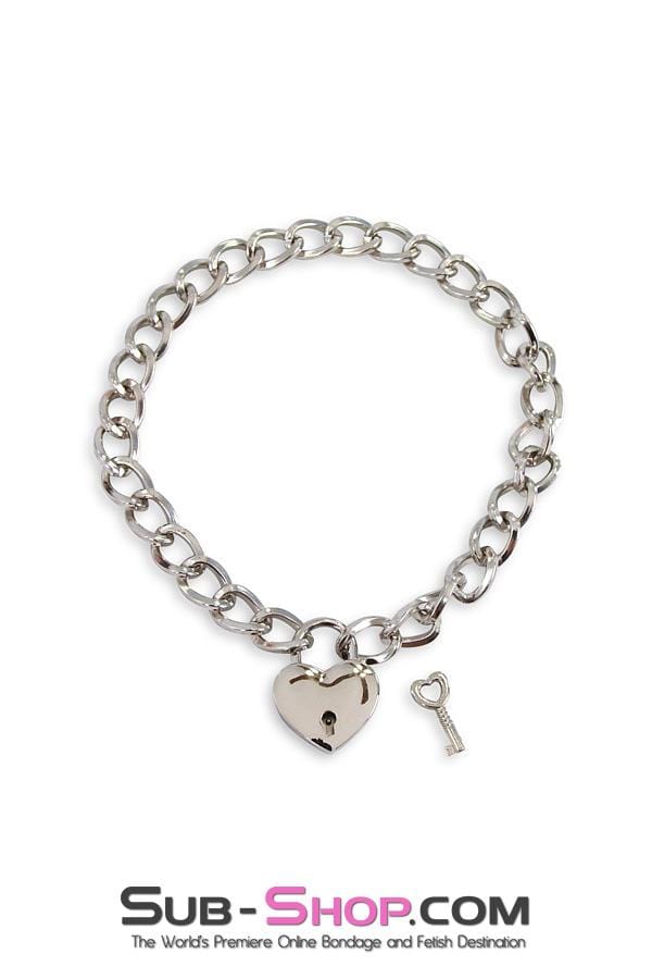 Collar 1855RS      Slave Pet 16” Locking Chrome Jeweled Chain Collar with Heart Padlock
