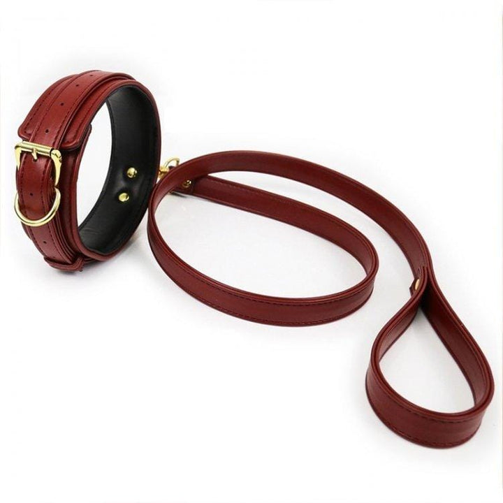 Collar 2504M      Crimson Red Gold Standard Padded Bondage Collar and Leash Set