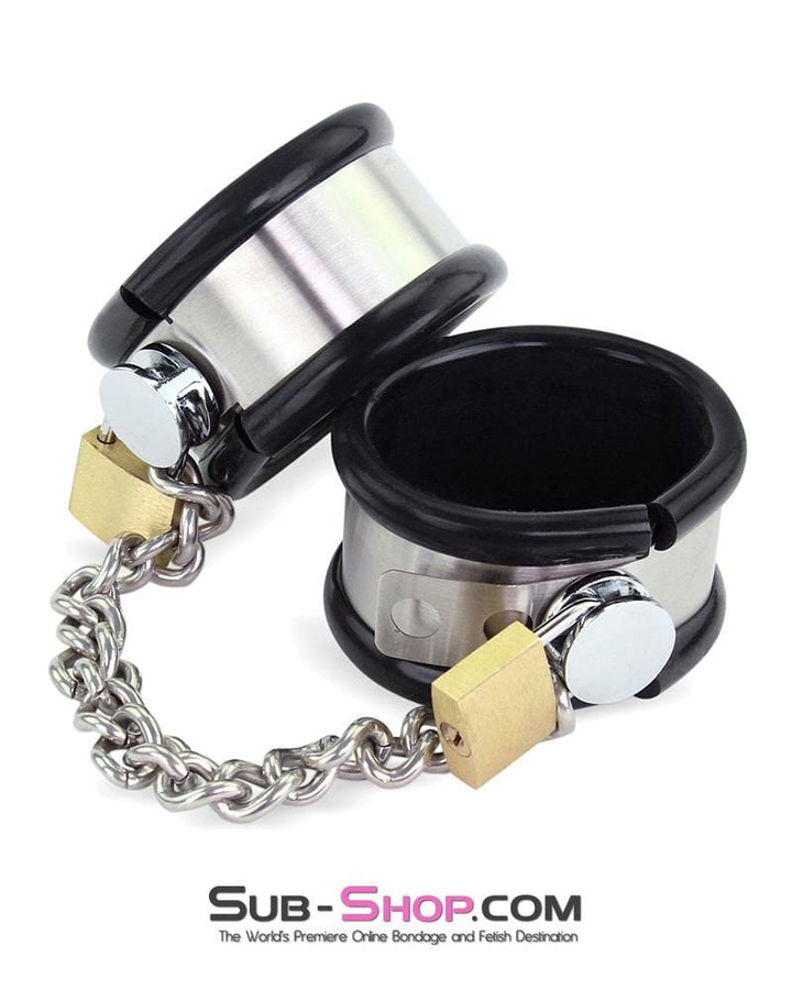 Cuffs 1344M      Steel Your Heart Rubber Lined Stainless Steel Locking Wrist Cuffs