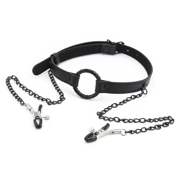 Gags 2258MQ      Oh-My Ring Gag with Black Wicked Nipple Clamps Set