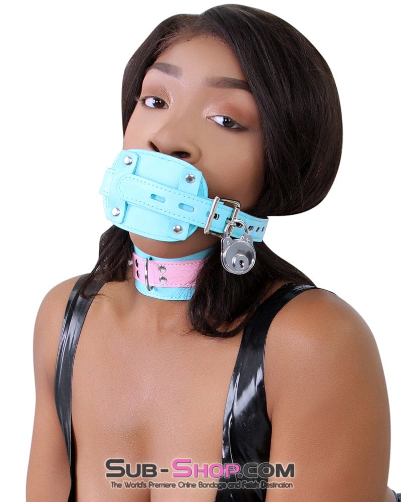 Blue strap locking rubber penis gag from Sub-Shop