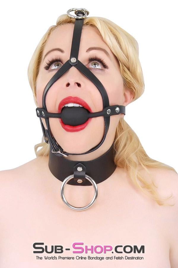 Gags 6796A      Black Silicone Ball Gag Leather Trainer with Top Strap Hardware