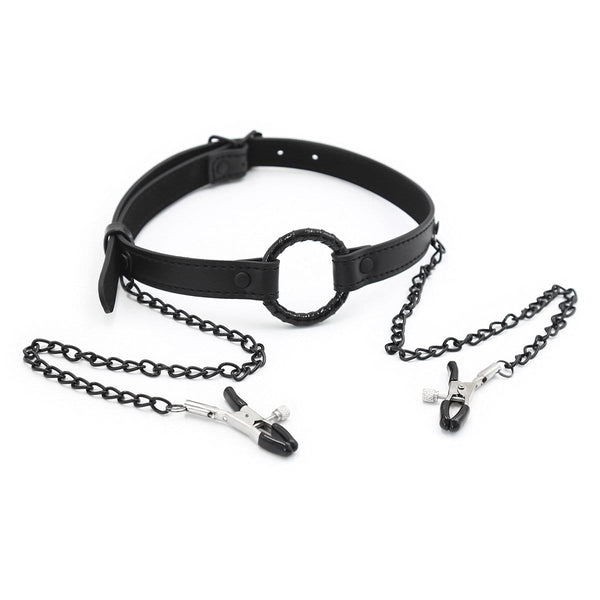 MEGA Deal 2258MQ      Oh-My Ring Gag with Black Wicked Nipple Clamps Set - MEGA Deal