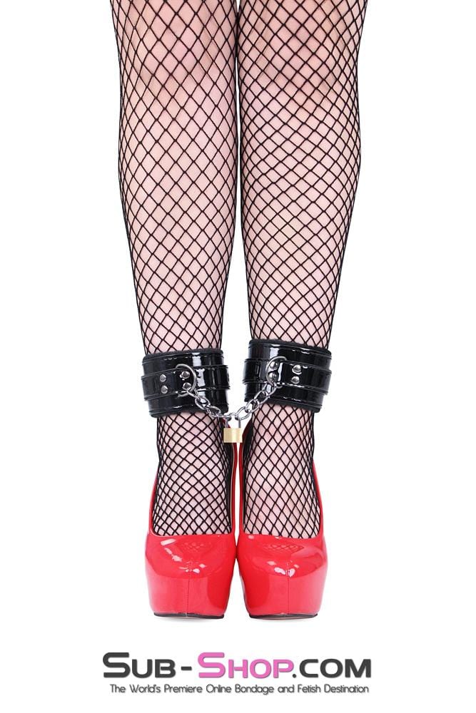 MEGA Deal 3726MQ      Black Patent Vegan Leather Fur Lined Ankle Cuffs with Attached Chains and Brass Padlock Connection - LAST CHANCE - Final Closeout!