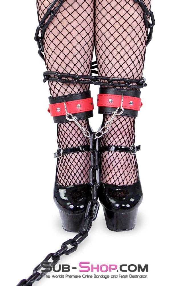 MEGA Deal 9029MQ      Locking Black Ankle Bondage Cuffs with Red Strap & Connection Chain - LAST CHANCE - Final Closeout!